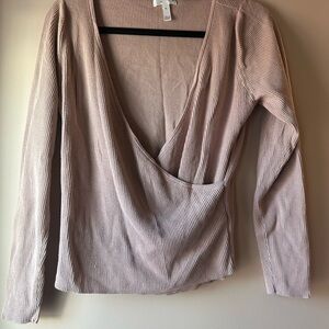 Leith Deep V-Neck Ribbed Wrap Sweater in Ballet Pink